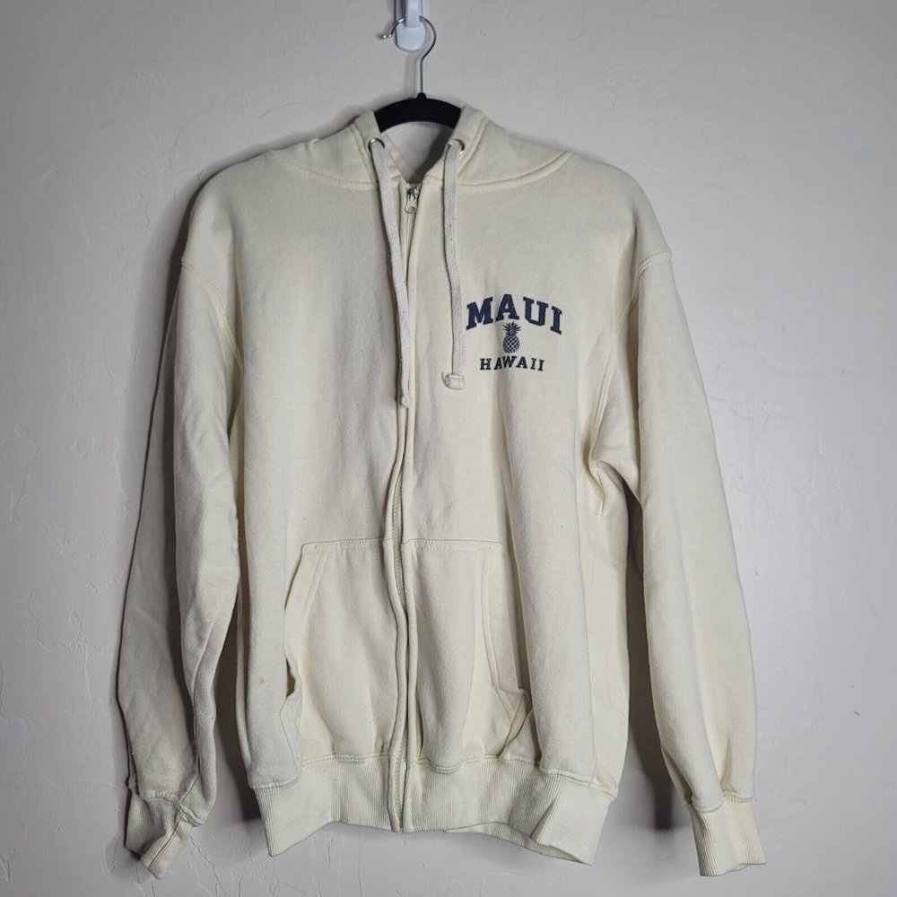 Maui Hawaii Pineapple Size Small Beige Hoodie Full Zip Kangaroo Pockets